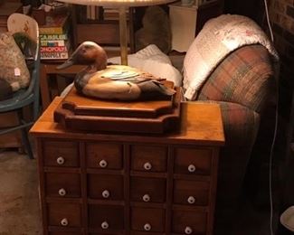  decoy lamp, chair, quilt.  Cabinet sold