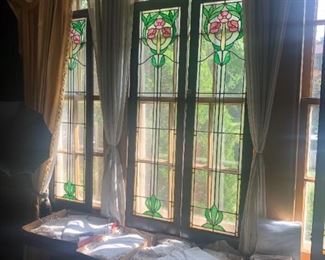 Leaded & stained glass doors. Linens & doilies