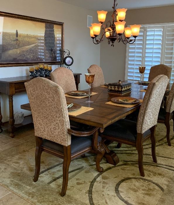 Dining Table w Removable Side Extensions and 6 Chairs, Area Rug, Large Artwork, Extra Long Side Table
