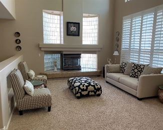 Sofa, Pair of Armless Chairs, Ottoman, Asian Pot w Glass Top End Tables...