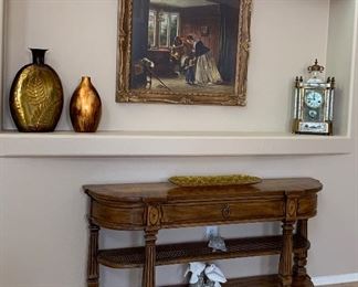 3-Tiered Entry Table w Drawer and Cane Shelf, Art Print, Peoples Republic of China Clock, Laleek Frosted Glass Lioness’