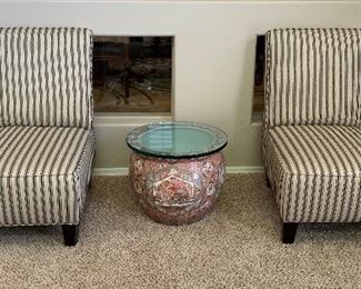 Armless Chairs pair, Asian Pot w Glass Top End Table 