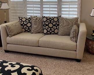 Sofa w Accent Pillows, End Table, Asian Pot w Glass Top End Table, Table Lamps...