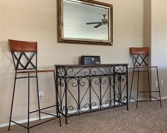 Pair of Leather Bar Stools, Metal Base Table, Beveled Mirror