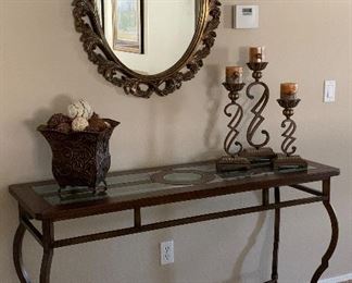 Entry Table w Glass/Wood Top and Metal Base 