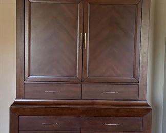 Michael Amini King Bedroom Suite: Padded Headboard Frame, Gentlemen's Chest w Side Storage on both Sides, Media Cabinet, Nightstands and Padded Bench