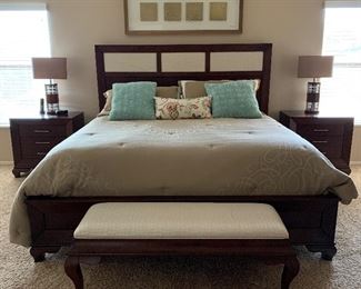 Michael Amini King Bedroom Suite: Padded Headboard Frame, Gentleman’s Chest, Media Cabinet, Nightstands and Padded Bench