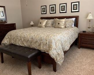 Queen Rattan Sleigh Bed, 8-Drawer Dresser w Mirror and 2 Nightstands