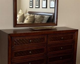 Queen Bedroom Suite: Rattan Sleigh  Bed Frame, 8-Drawer Dresser, Nightstands 