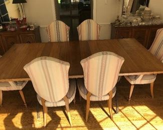 Mid Century Tomlinson Pecan Pavane Dining Table & Chairs Empire Design Half Circle Iron Legs with Spindle between