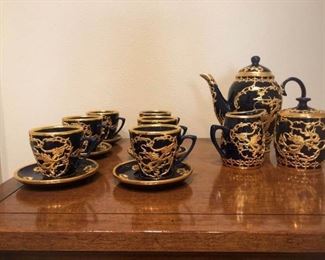  Chinese Dragon Gold Plated Tin Inlay Blue Porcelain Coffee Service