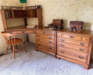 12. Nice early americana style desk, chiar and 2 dressers. Great shape.  Contents NOT INCLUDED $175