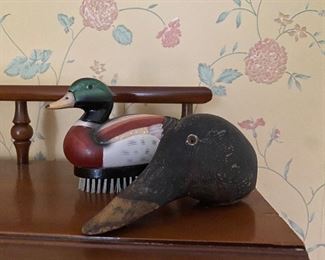 13. Brass lamp wtih old wood duck decoy head and duck brush $15