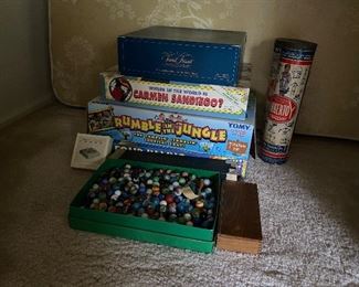 15. BIG BOX of old Marbles, games and 2 tinkertoys cannisters with toys $50