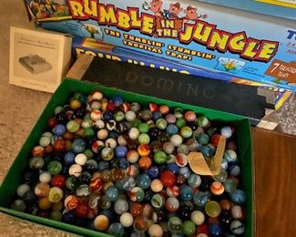 15. BIG BOX of old Marbles, games and 2 tinkertoys cannisters with toys $50