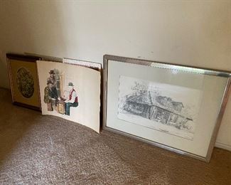 20. Miscellaneous artwork including one unfinished water color, and an oil painting of children by Corneli (about 2x3) and a topographical map (plastic where you can feel the mountains, 3D) $40