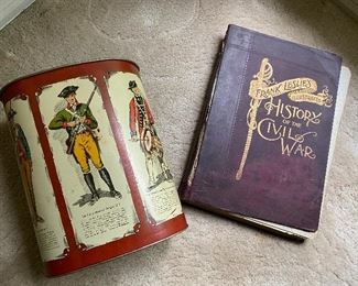 29. History of the Civil War turn of the century book with broken binding and metal trash can $55