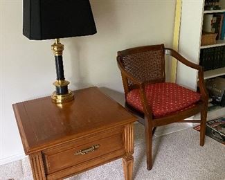 50. Side chair, brass and black lamp and end table $50