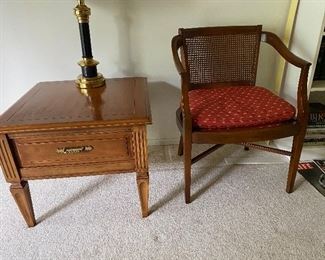 50. Side chair, brass and black lamp and end table $50