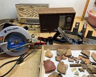 85. Circular saw, radios and some rocks!  Also a stapler and a plane $40