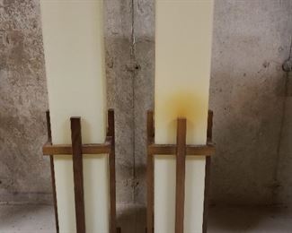98. Pair of Midcentury lamps. Plastic shades and wood bases. $150 for pair. Couple of brown burn spots. Otherwise good. 