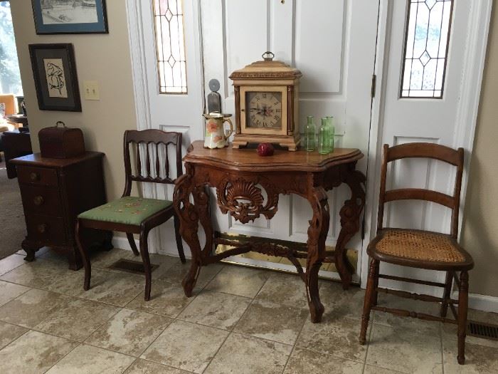 Antique carved entry table, antique side chairs, Ethan Allen Mantle Clock, Limoges pitcher