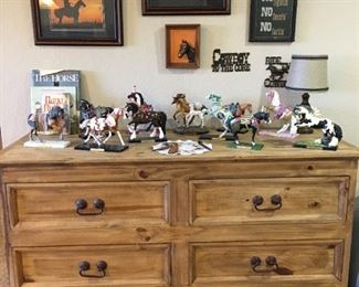 Rustic chest of drawers and "The Trail of Painted Ponies" collection and other cowboy items