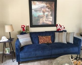 Blue suede futon sofa