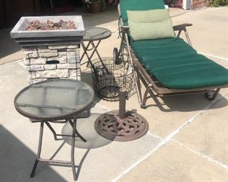Outdoor lounge, tables, propane fire pit, throw pillows