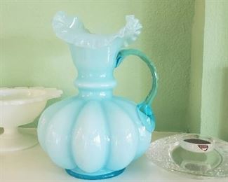 Fenton glass pitcher, milk glass, Orrefors glass