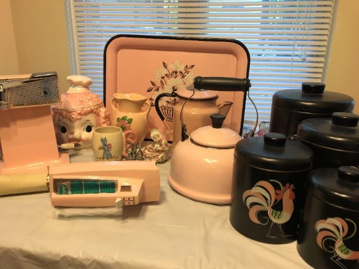 Pink 1950's mixer. Pink can opener, Pink coffeepot, 1950's black canisters with roosters