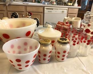 Fire King Red polka dot dishes, Fire King salt and pepper, Fire King bowls, matching vintage polka dot drinking glasses, Fire King grease bowl