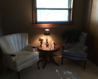 2 chairs, table, lamp, decor