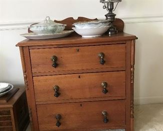 Antique 3 drawer chest, some antique dishes