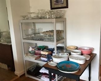 Like new kitchen linens- placemats, towels, dish cloths, runners, pink Pyrex, and more
