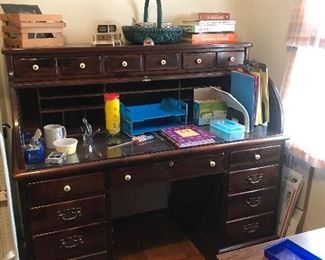 Pine roll top desk, office supplies