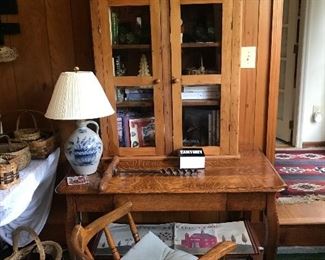 Handmade baskets, oak desk, table top cabinet, chair, pottery lamp