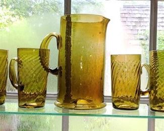 Very early all hand blown glass pitcher and glasses