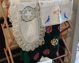 Linens & antique linen rack