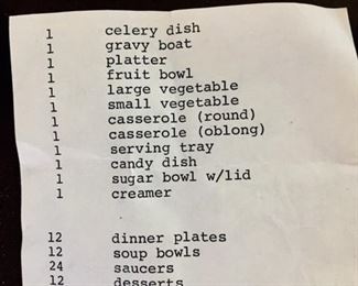 The description of the dinner service found in the cabinet verifying all the pieces are present