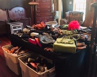 Dozens and Dozens of handbags, shoes, belts, hats, ladies clothes. 