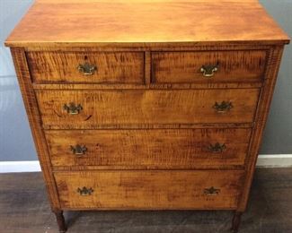 ANTIQUE CURLY MAPLE CHEST OF DRAWERS, 5
