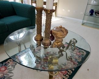 coffee table, matching end table, brass and glass, 