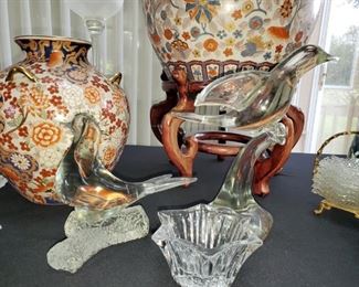 Art glass birds,  Asian urns