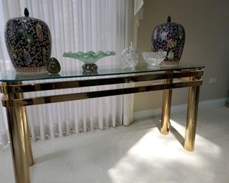 Contemporary,  glass and brass sofa table,  