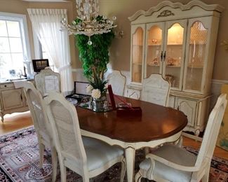 French Provencal dining room set, matching table with chairs, server, China cabinet 