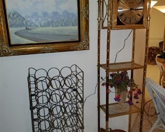 wine rack, electric clock with shelving , art