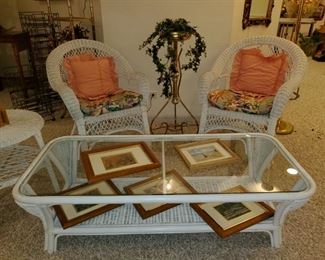 wicker chairs, coffee table 
