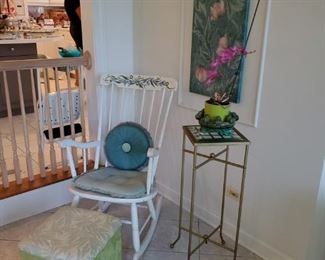 Rocking chair , brass plant stand 