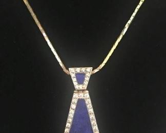 14K GOLD CHAIN WITH LAPIS AND DIAMOND PENDANT
